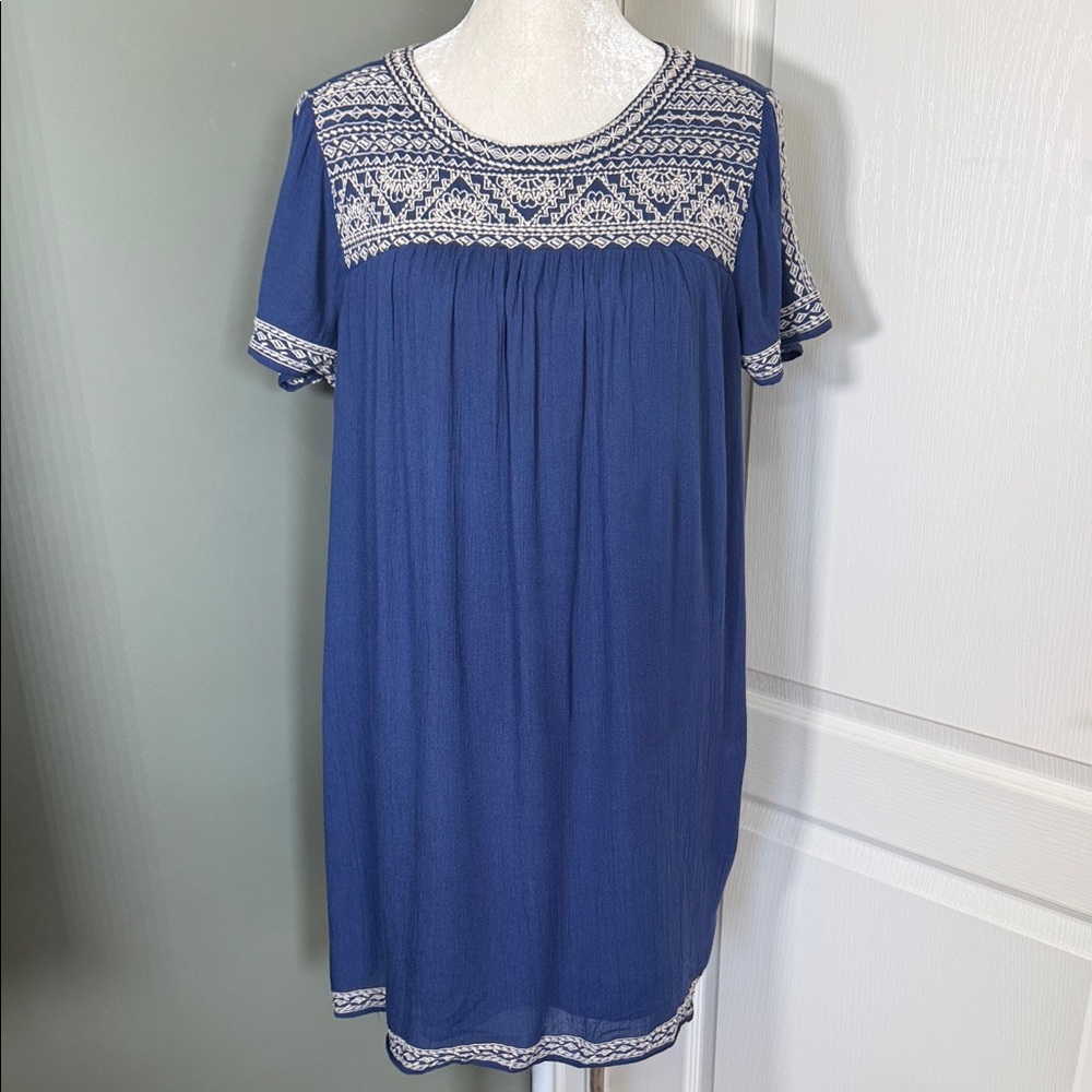 Lucky Brand Blue Embroidered Boho Shift Dress Short Sleeve Size M